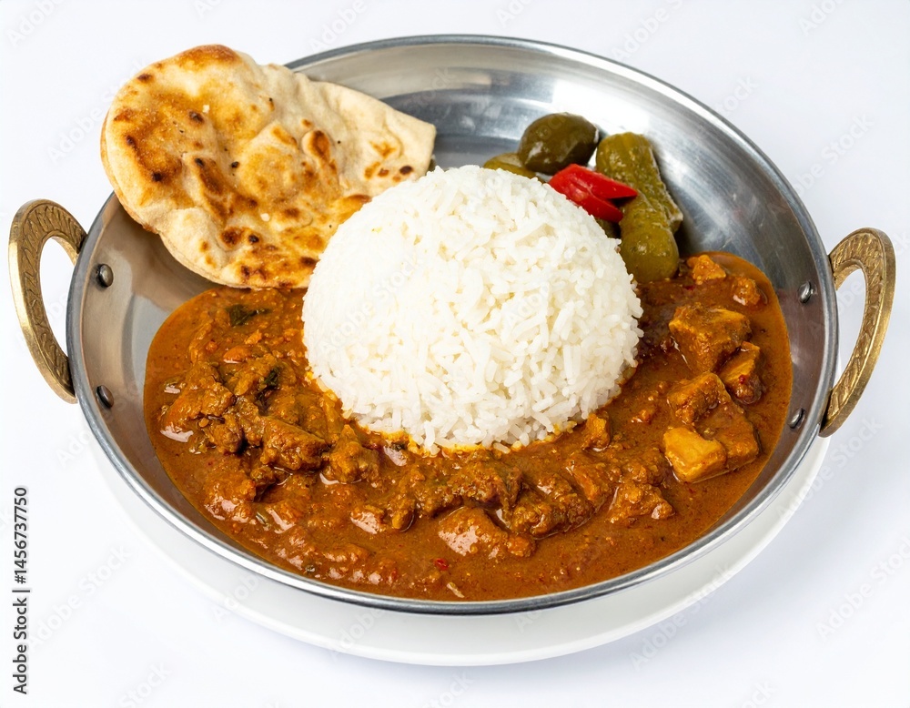 A delicious Indian meal in a metal dish. It has curry, rice, naan bread, pickles, and peppers. The food looks colorful and appetizing