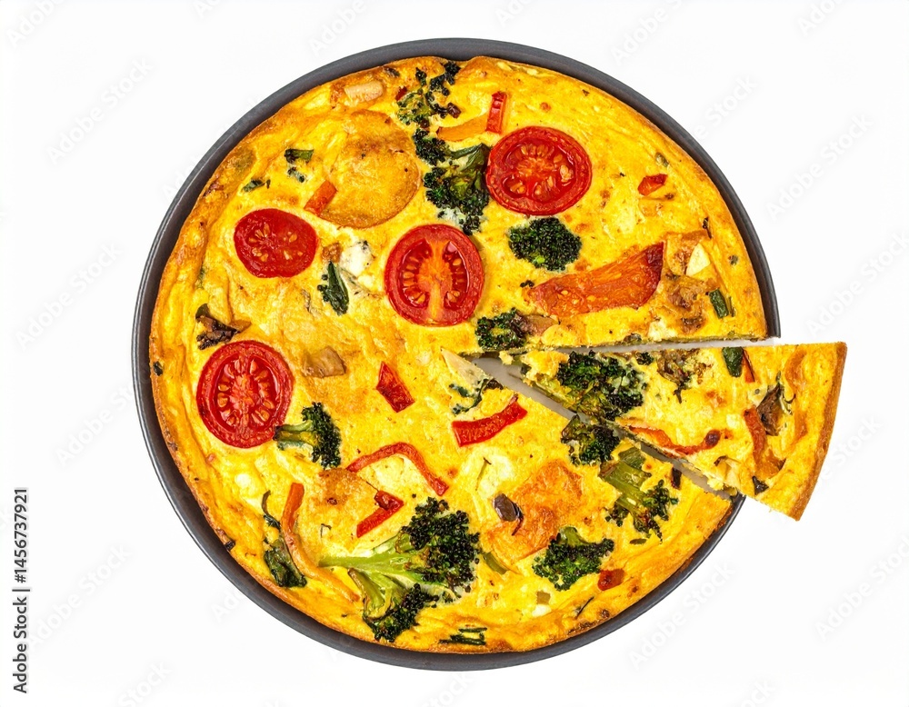 Veggie frittata with tomatoes, broccoli, & peppers, one slice cut, on grey plate