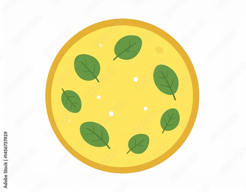 Circular food dish with a yellow base, green leaves, and a subtle outer ring. It is a simple graphic