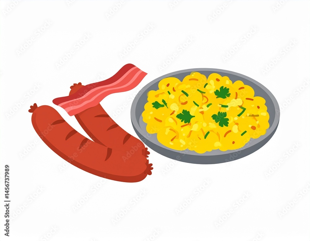 Savory breakfast plate Sausage, bacon, and scrambled eggs with herbs, served on a clean, white background