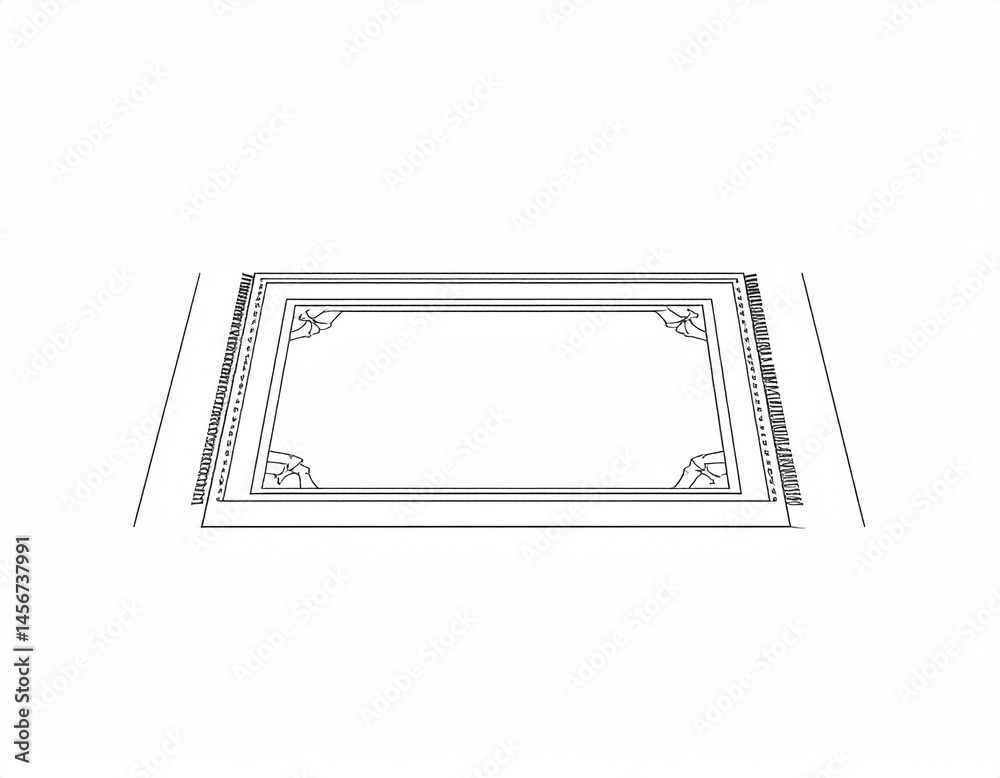 Detailed drawing of a rectangular rug with tassels. Simple outlines on white background