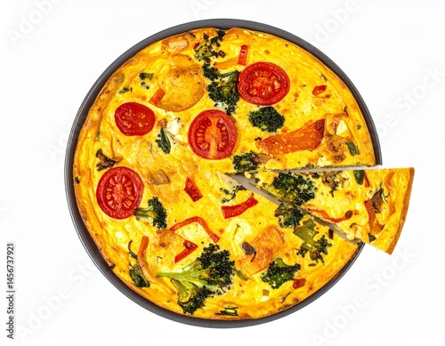 Obraz na płótnie Veggie frittata with tomatoes, broccoli, & peppers, one slice cut, on grey plate w salonie