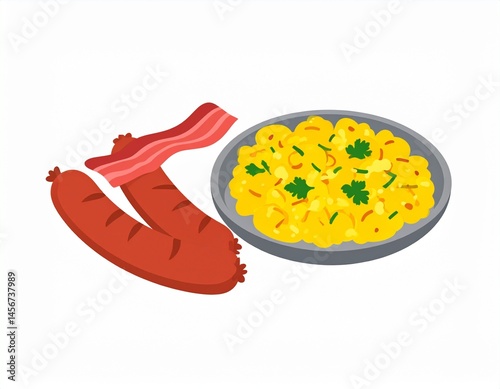 Obraz na płótnie Savory breakfast plate Sausage, bacon, and scrambled eggs with herbs, served on a clean, white background w salonie
