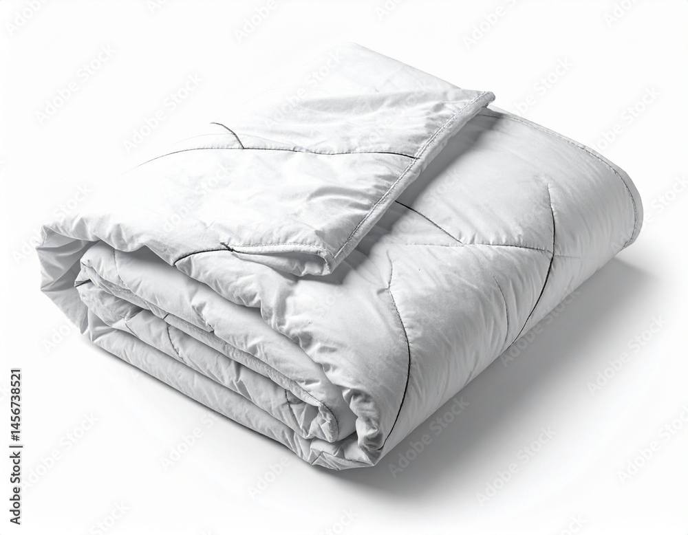 Neatly folded, puffy white comforter with stitched pattern on clean white surface