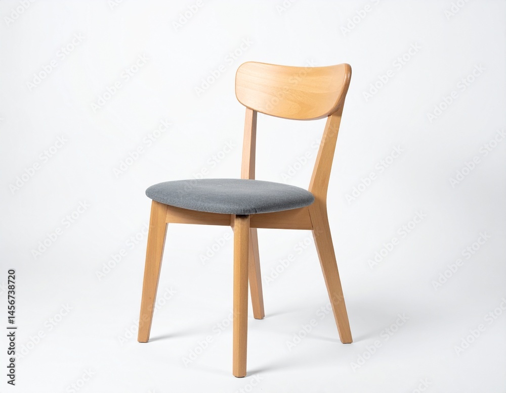 Light wood chair with gray seat cushion stands isolated against a white backdrop in simple elegance