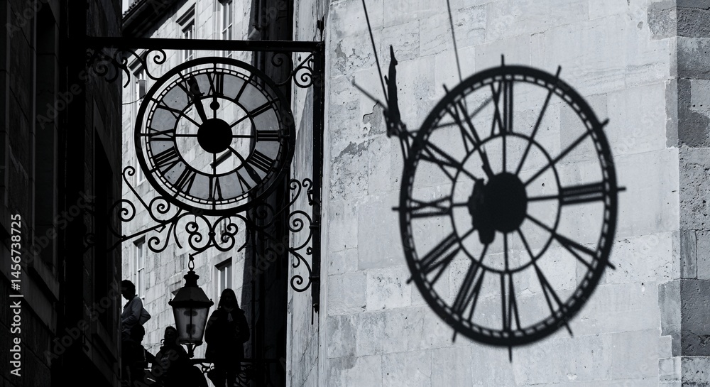 Obraz premium Time's Shadow: Ornate Clocks in an Old European Alley