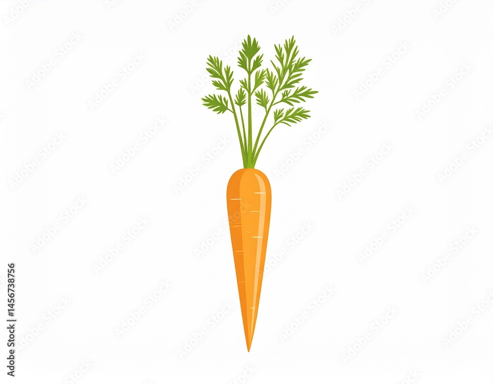 An illustration of a single, ripe orange carrot with green leafy tops, placed against a clean white background