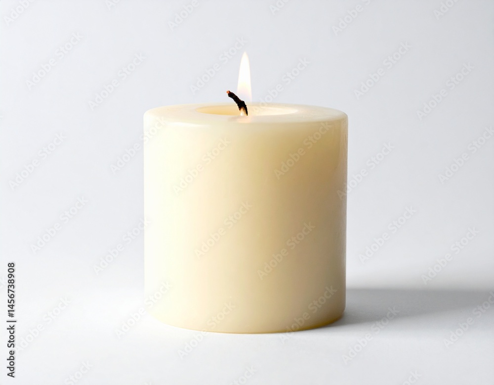 A creamy-colored, cylindrical candle is lit, its flame dancing atop. The wax gleams under bright studio lighting