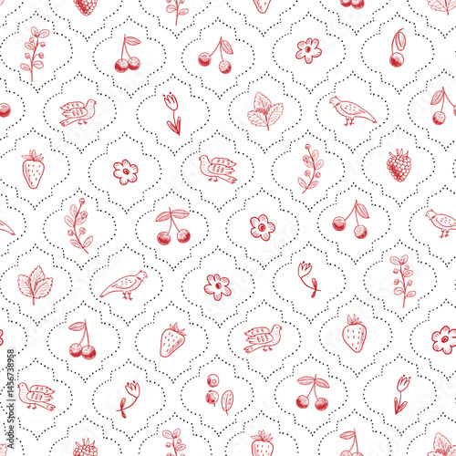 Berries flowers and birds doodle spring seamless pattern, simple ornament