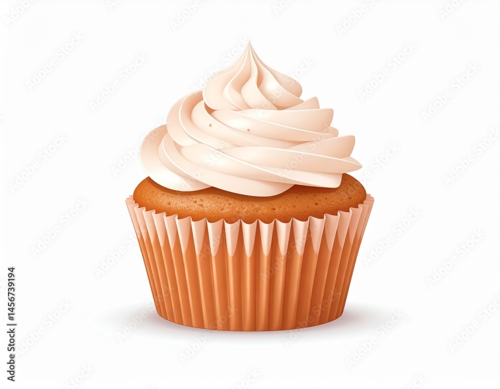 A delicious cupcake with a swirled, creamy frosting and a paper liner, perfect for any sweet tooth craving