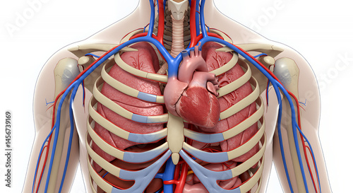 Detailed 3D Render of Human Thoracic Cavity: Heart, Lungs, and Blood Vessels