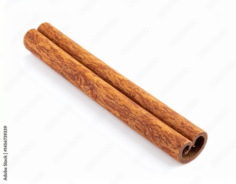 Two cinnamon sticks lie diagonally on a bright white background, showing the textured, brown spice's details. The sticks are rolled