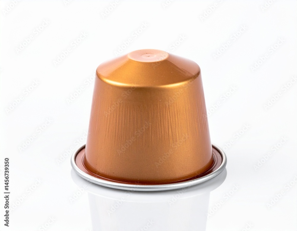 A close-up shot showcases a metallic copper-colored coffee capsule. It's perched on a reflective silver rim, set against a bright white backdrop