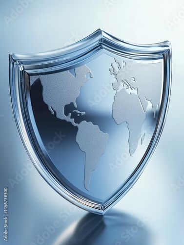 World map on shield concept close up studio shot global security and protection international safety worldwide defense