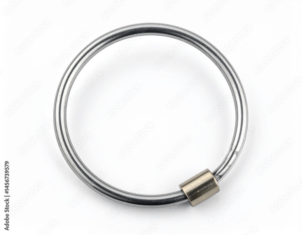 A shiny silver ring with a metallic, cylindrical fastener. Simple, elegant, and isolated on a white background
