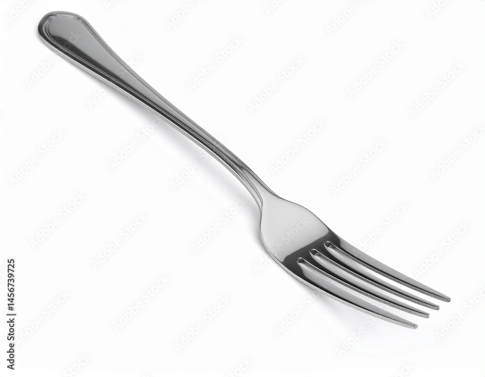 Isolated shiny fork with four tines, resting diagonally on a white surface casting a slight shadow