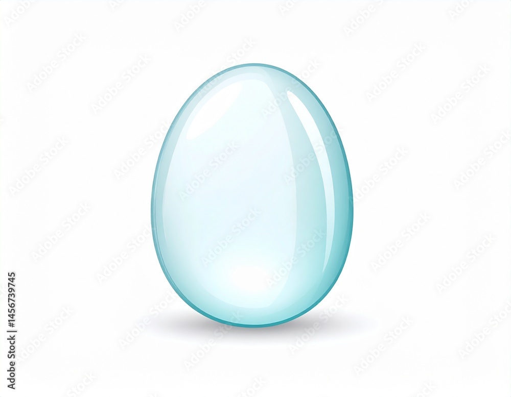 An egg-shaped, light blue object with a shiny surface stands on a white surface with a gentle shadow