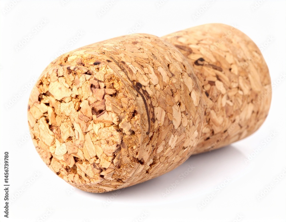 Close-up shows a tan cork with natural grain and texture,isolated on a white background