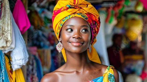 Vibrant Haitian woman showcases traditional dance in colorful cultural attire and lively market setting