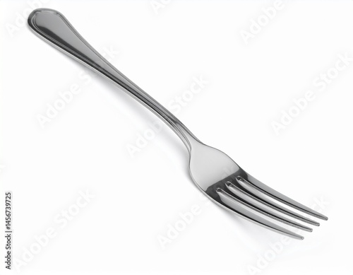Obraz na płótnie Isolated shiny fork with four tines, resting diagonally on a white surface casting a slight shadow w salonie