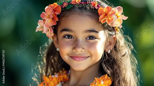Hawaiian girl showcases traditional hula outfit with floral accessories in vibrant outdoor setting
