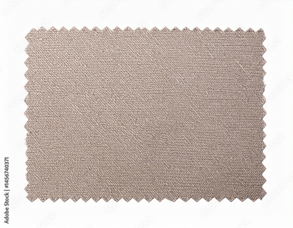 Fototapeta premium Close-up of a rectangular fabric sample with zigzag edges, displaying a textured, neutral brown color with a diagonal weave