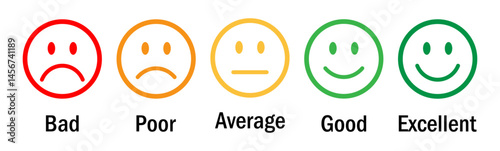 Colorful feedback scale with five emoticons from sad to happy. Perfect for surveys, reviews, customer satisfaction, UX evaluation. Flat vector design on white background. Emoji, feedback, icons.