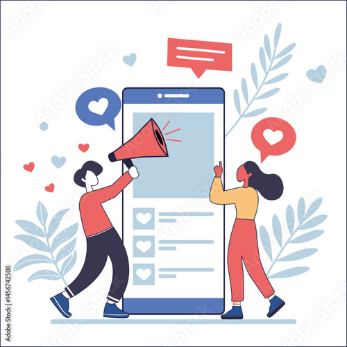 Flat Design Illustration of Social Media Engagement with Characters Promoting Online Content