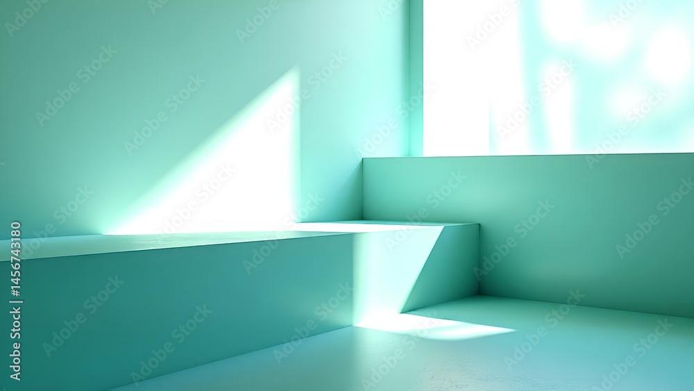 Fototapeta premium Minimalist room with turquoise walls, geometric shapes, and natural light streaming through a window, creating sharp shadows and modern ambiance.