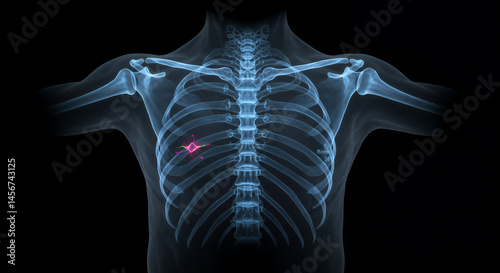 Detailed 3D Medical Illustration of Human Rib Cage Highlighting Bone Density Issue with Cool Blue and Warm Pink Hues on Black Background