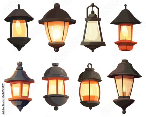A collection of various outdoor lamps provides illumination and aesthetic appeal, enhancing outdoor spaces with their warm glow and vintage charm.