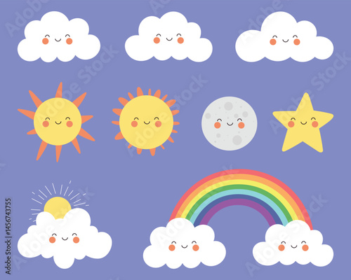 Cartoon sky elements featuring happy clouds, sunshine, rainbow, moon and star on a soft violet background. Cute and cheerful art!