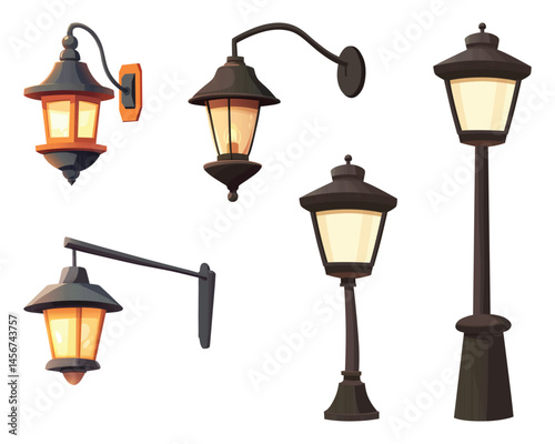 Cartoon vector image displaying various vintage style outdoor lamps, including wall-mounted and standing options, with warm illuminating glow.