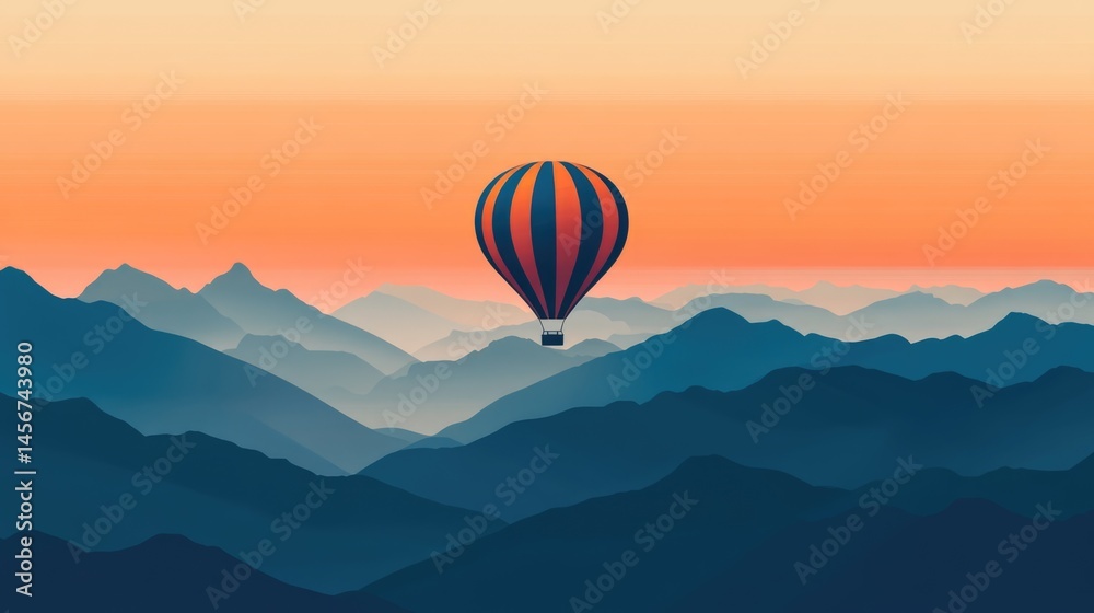 Fototapeta premium Colorful hot air balloon flying over scenic mountain valley with river and pine forest landscape background