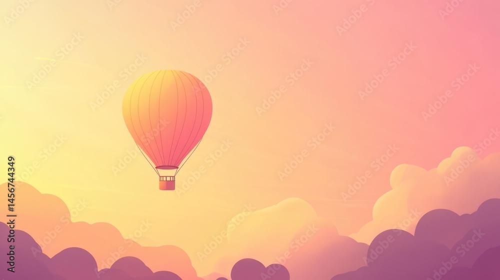 Obraz premium Minimalist hot air balloon floating in pastel gradient sky with dreamy pink clouds background with place for text