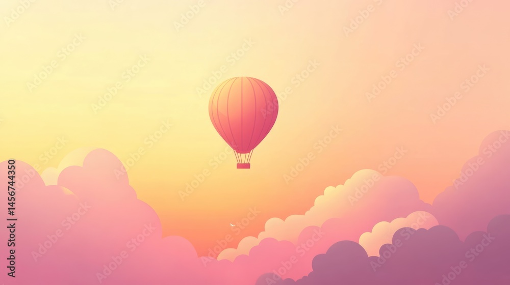 Fototapeta premium Minimalist hot air balloon floating in pastel gradient sky with dreamy pink clouds background with place for text