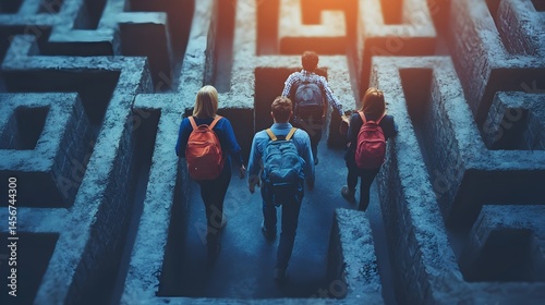 A group of young adults with backpacks navigate a complex stone maze searching for a solution together.