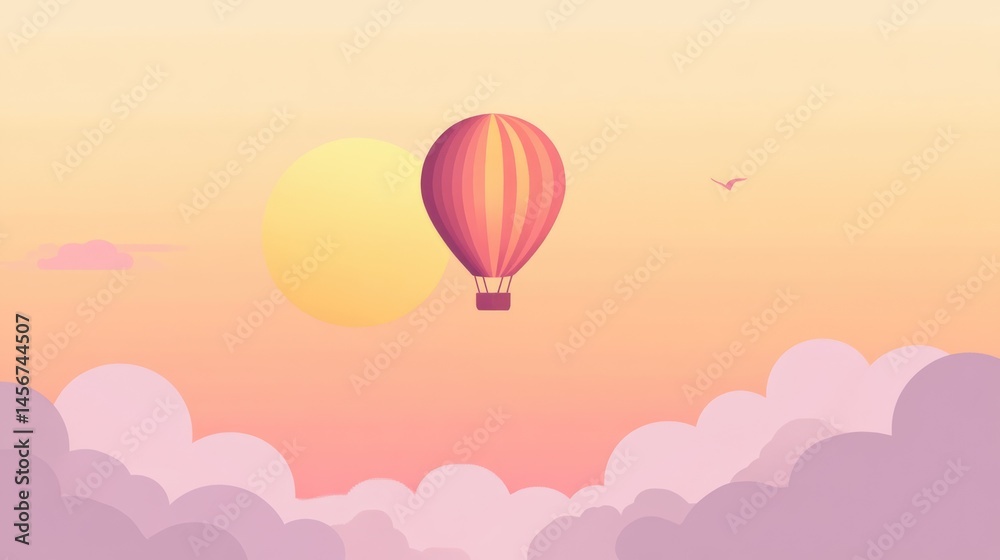 Obraz premium Minimalist hot air balloon floating in pastel gradient sky with dreamy pink clouds background with place for text