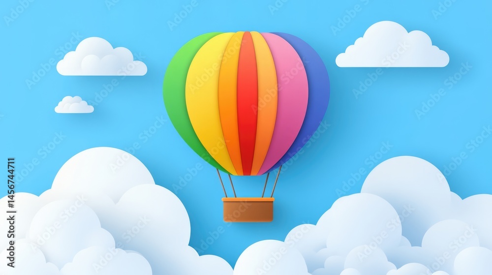Obraz premium Vibrant rainbow colored hot air balloon floating in bright blue sky background with white clouds