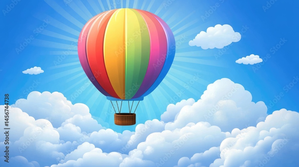 Naklejka premium Vibrant rainbow colored hot air balloon floating in bright blue sky background with white clouds