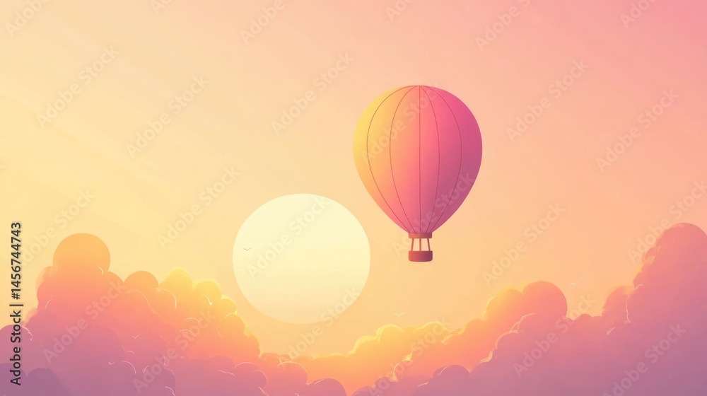 Fototapeta premium Minimalist hot air balloon floating in pastel gradient sky with dreamy pink clouds background with place for text
