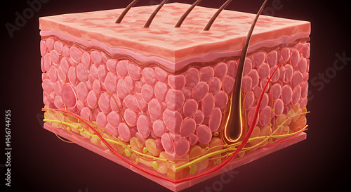 Detailed 3D Render of Human Skin Layers: Epidermis Dermis Subcutaneous Tissue Glowing Pink Brown