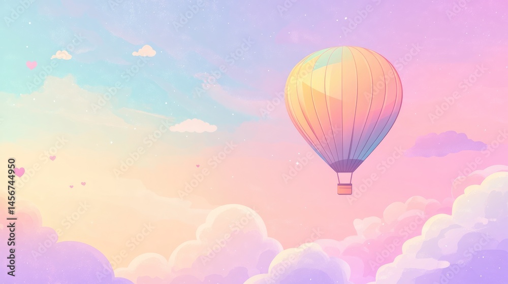 Fototapeta premium Dreamy pastel hot air balloon floating in magical cotton candy sky background with place for text
