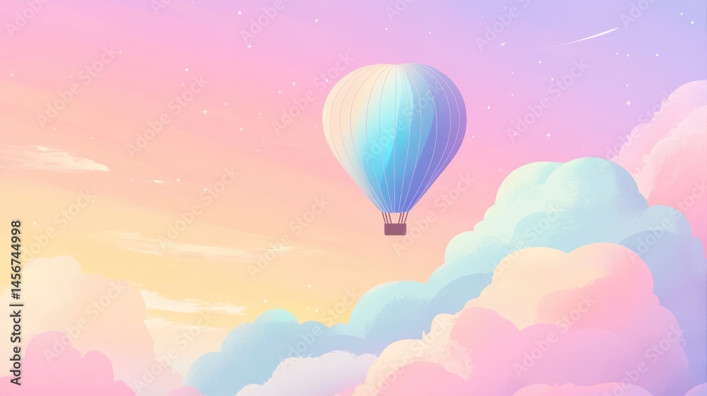 Fototapeta premium Dreamy pastel hot air balloon floating in magical cotton candy sky background with place for text