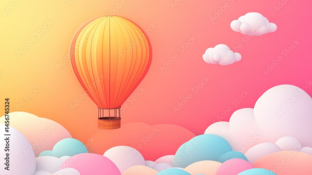 Fototapeta premium Dreamy pastel hot air balloon floating in magical cotton candy sky background with place for text