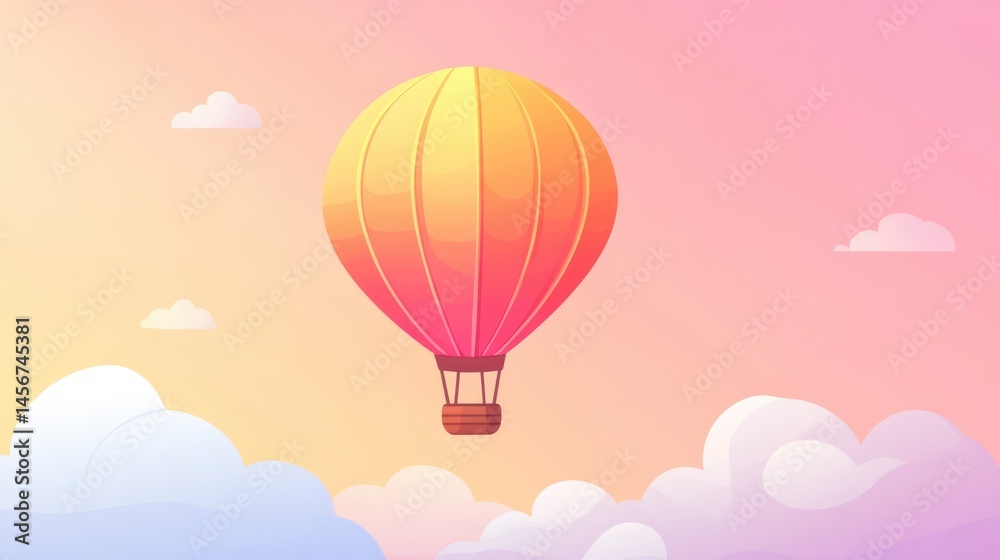 Obraz premium Dreamy pastel hot air balloon floating in magical cotton candy sky background with place for text