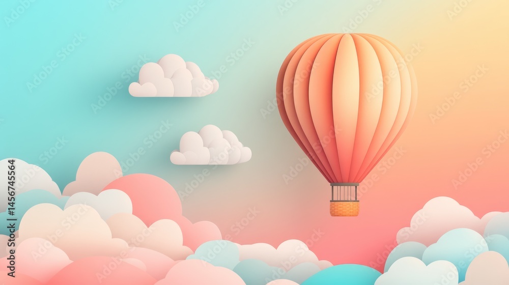 Fototapeta premium Dreamy pastel hot air balloon floating in magical cotton candy sky background with place for text