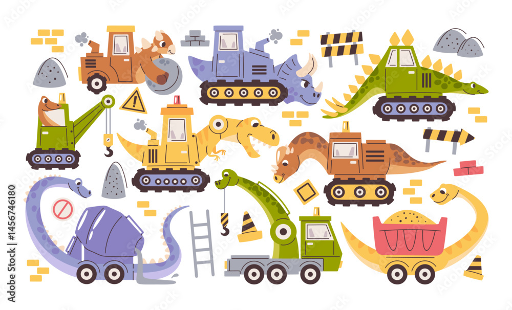 Naklejka premium Dino construction heavy industrial machinery cute hand drawn doodle characters at work set