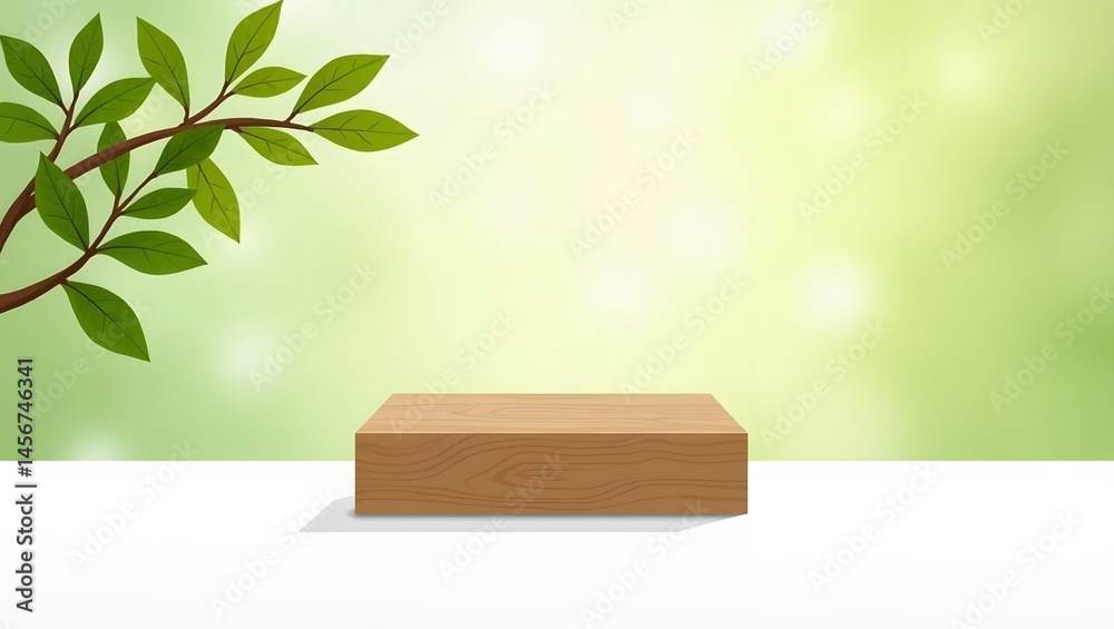 Wooden block on a white surface with lush green leafy background Wooden block on a white surface with lush green leafy background