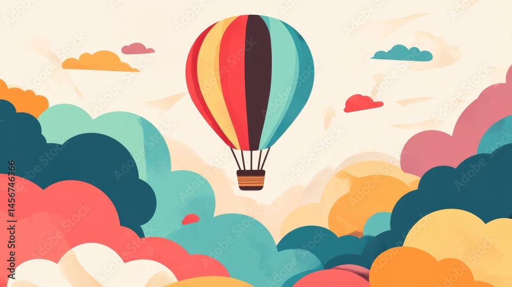 Fototapeta premium Vibrant hot air balloon floating above stylized colorful clouds background
